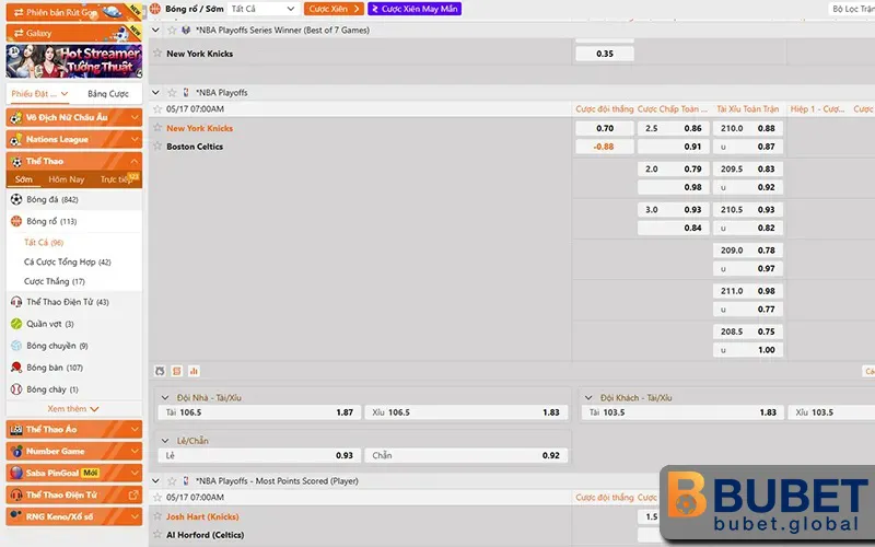 Giao diện cá cược bóng rổ trực tiếp tại nhà cái BUBET