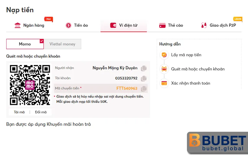 Hướng dẫn nạp tiền Bubet và một số lỗi
