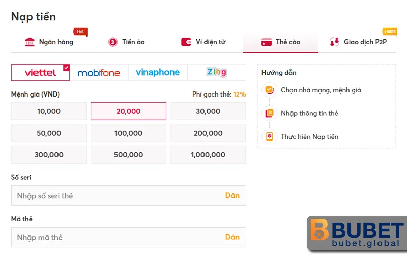 Lỗi nạp tiền BUBET và cách khắc phục