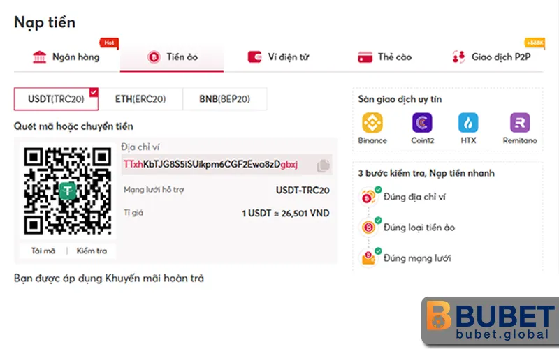 Chọn phương thức nạp tiền BUBET