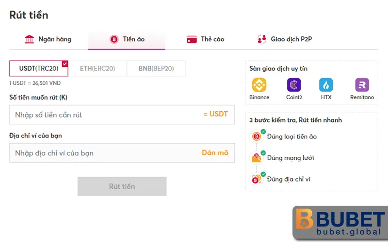 ướng dẫn rút tiền BUBET bằng tiền ảo
